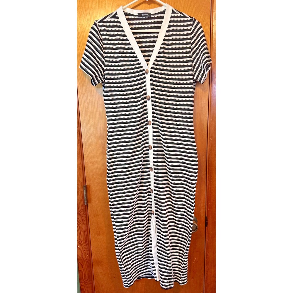 Fashion Womens Casual V Neck Short Sleeve Striped Ribbed Knit Midi Dress Large